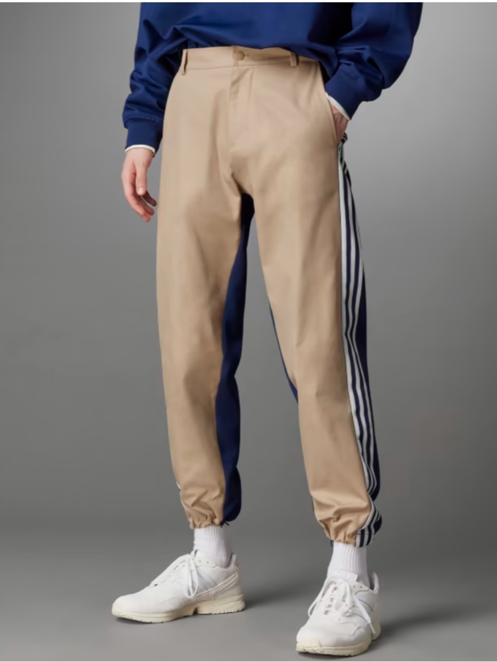 adidas Khaki Joggers with Navy Side Panels and White Stripes